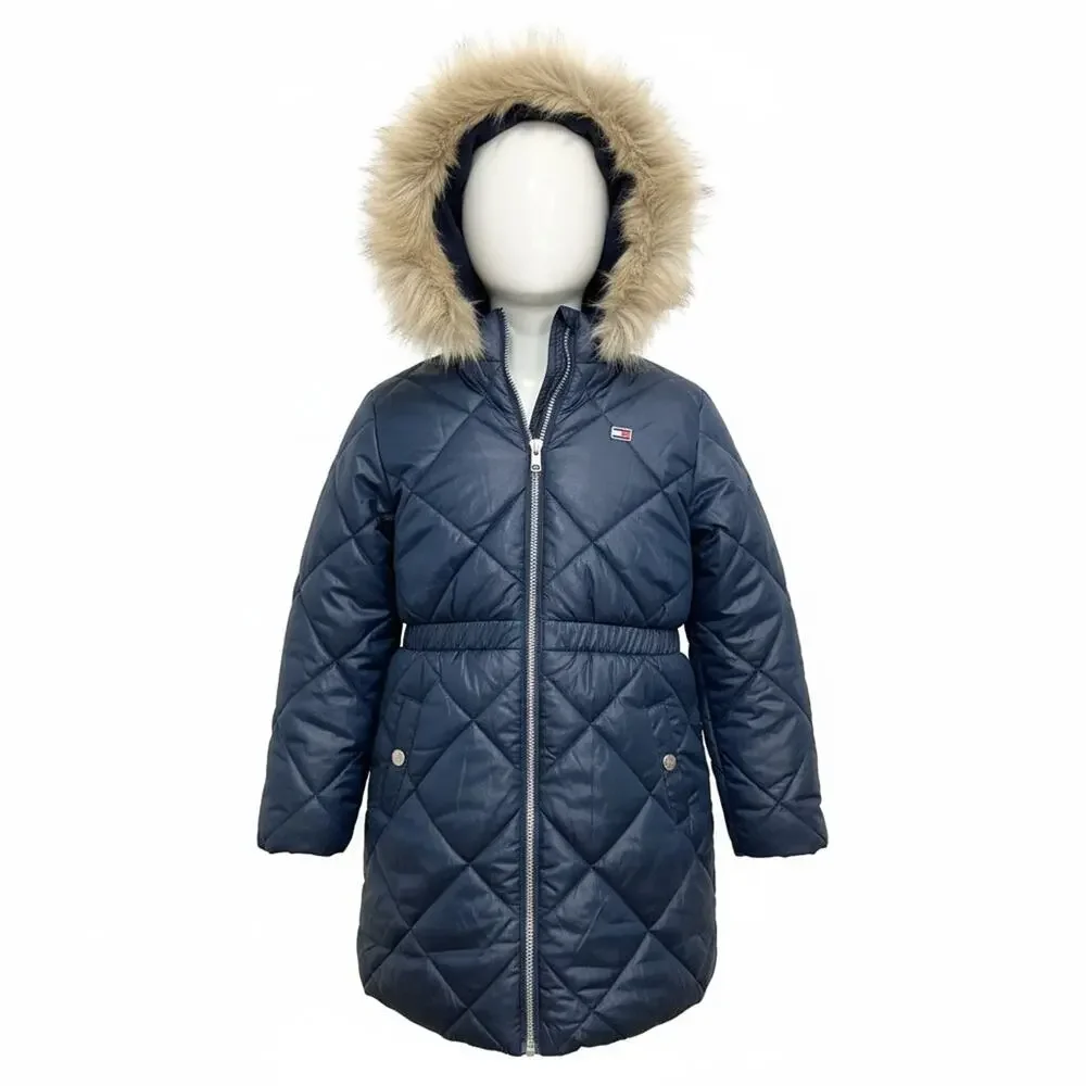 Tommy Hilfiger Big Girls Navy Quilted faux Trim Hooded Puffer Jacket/Coat L12/14